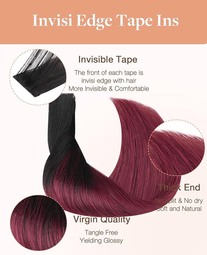 GOO GOO Invisi Edge Tape in Hair Extensions Human Hair, 1/99 Balayage Jet Black to Red 10pcs injected with 10pcs classical tape ins, 20inch 50g, Virgin Remy Hair, Natural Look
