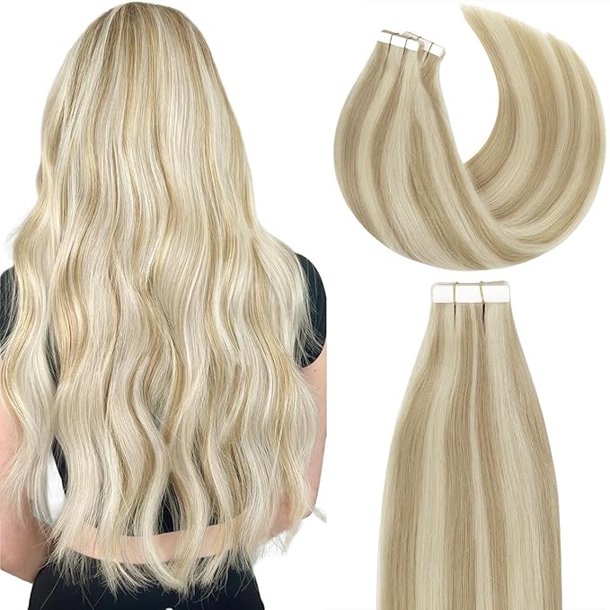Lacer Hair Extensions Tape in Natural Highlight Skin Weft Real Virgin Hair Highlight Ash Blonde Mixed Light Blonde Color Double Side Remy Tape in Human Hair Extensions 50g 20pcs 22 Inch