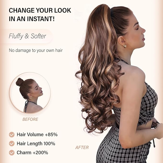 24 Inch Ponytail Extension, Layered Ponytail Extensions for Women, Soft Wavy Claw Clip in Ponytail Extension, Natural Synthetic Hair Pieces for Women (Color: Ash Brown with Beige Blonde Highlights)