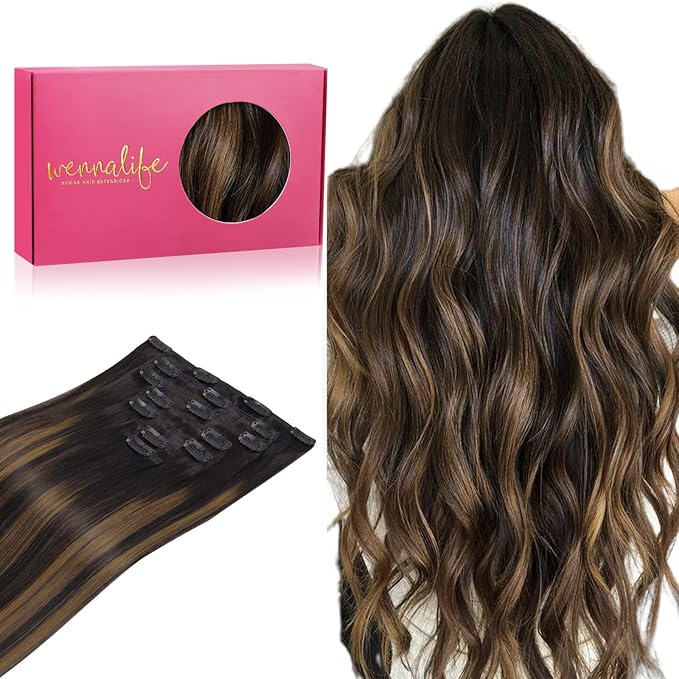 WENNALIFE Clip in Hair Extensions Real Human Hair, 12 Inch 80g 7pcs Remy Hair, Balayage Natural Black to Chestnut Brown Straight Natural Extensiones De Cabello Humano Con Clip Ins
