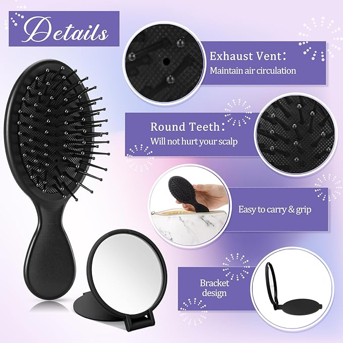 Meanplan 48 Pcs Mini Hair Brush Set 24 Travel Wet Dry Hair Combs Pocket Detangling 24 Compact Folding Makeup Mirrors for Spa Sleepover Birthday Bridal Shower Bachelorette Christmas Party Gift(Black)