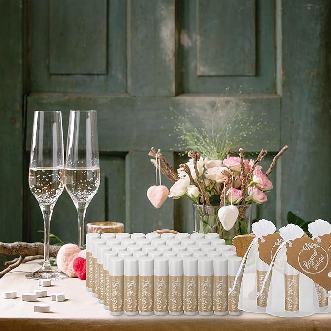 100 Set Thank You Lip Balm Bulk Small Natural Moisturizing Mini Lip Balm with Organza Bag and Card for Baby Wedding Bridal Shower Thank You Favors Bridesmaid Gifts Women Guests