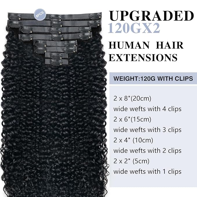 Curly Clip in Hair Extensions Real Human Hair 2 Pack 240g Seamless Clip in Hair Extensions for Women Full Max with 16Pcs PU Skin Weft 24inch Natural Black