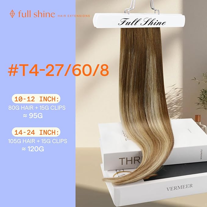Full Shine Clip in Hair Extensions Real Human Hair Balayage Double Weft Clip in Extensions Straight Remy Hair Extensions Medium Brown Ombre Blonde Short Natural Human Hair 12 Inch 7 Pcs 95 G