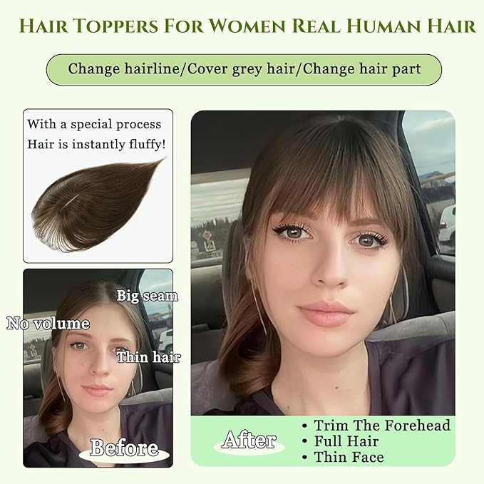 Hair Toppers for Women Real Human Hair, 360°3D Bangs Clip Human Toppers for Women with Thinning hair Realistic Scalp Line (60#, 3D Wispy Bangs(11 * 7))