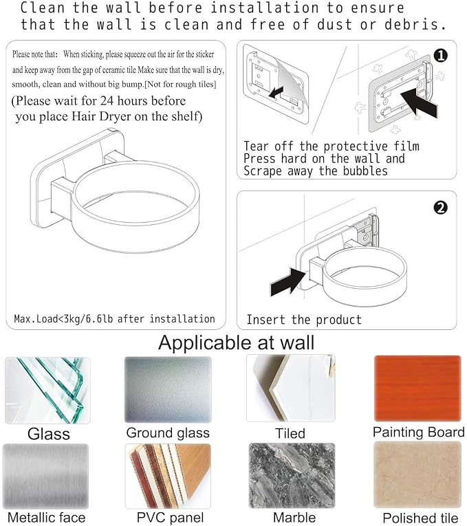 Hair Dryer Holder Wall Mounted, Bathroom Blow Dryer Stand, Self Adhesive Blow Hair Dryer Hanging Loop, Compatible with Most Hair Dryers (White, L 3.7”×W 2.1”×H 4.3”)