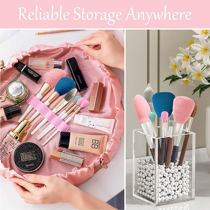 Silicone Travel Make-up Brush Holder with Cleaner Mat Pad, Organizer Case Covers for Foundation Eye Lip Brushes Storage Cleaning, Gift for Women Girl-Friend Mother Wife, 3-Pcs Large + 5 Small, Blue