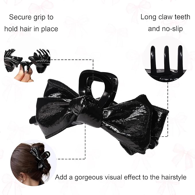 3Pcs Patent Leather Hair Claw Clips Set, Bowknot Hair Jaw Clamps in Brown-Black-Burgundy, Non-Slip Strong Hold Hair Accessories for Thin/Medium/Thick, Stylish Hair Grips for Women and Girls