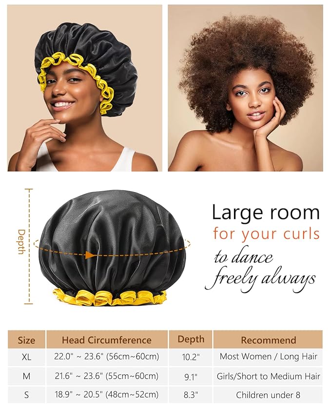 mikimini Black Small Shower Cap for Child 1 Pack, Double Layers Waterproof Bathing Hair Cap with Reusable Soft Comfortable PEVA Lining, Cute, non-fading & Stretchy Shower Hat