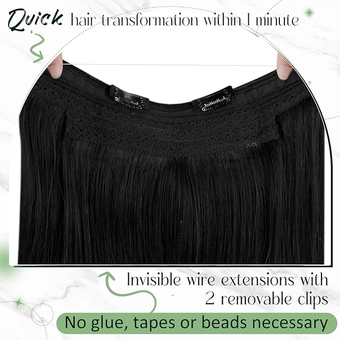 RUNATURE Wire Hair Extensions Real Human Hair 18 Inch, Invisible Fish Line Hair Extensions Straight Soft Hair, Black One Piece 80g #1 Jet Black