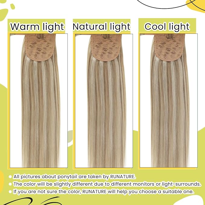 RUNATURE Ash Brown Human Hair Ponytail Extension 14 Inch Straight Ponytail Human Hair Extensions with Clips Highlighted Platinum Blonde Ponytail Hair Extensions Real Human Hair Full Ends 70 Gram