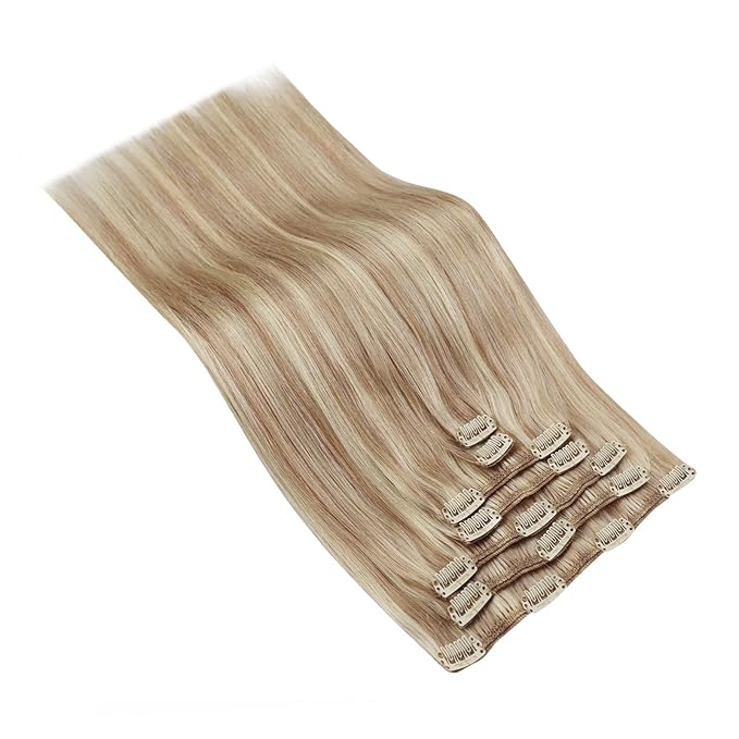Ve Sunny Clip in Hair Extensions Highlights Human Hair Clip in Extensions Dark Ash Blonde Highlights Light Blonde Hair Extensions Clip ins Short Straight Flexible Hair for Women 7pcs 14inch 100g