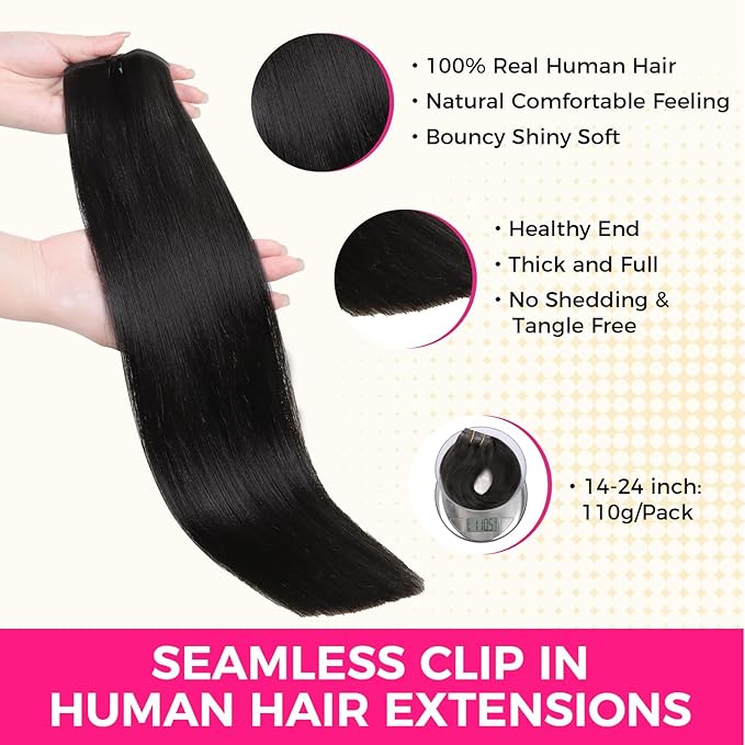 Lashey Yaki Straight Clip Ins 16 Inch 110g 7Pcs Seamless Hair Extensions Real Human hair, Natural Black Clip in Hair Extension for Women Real hair