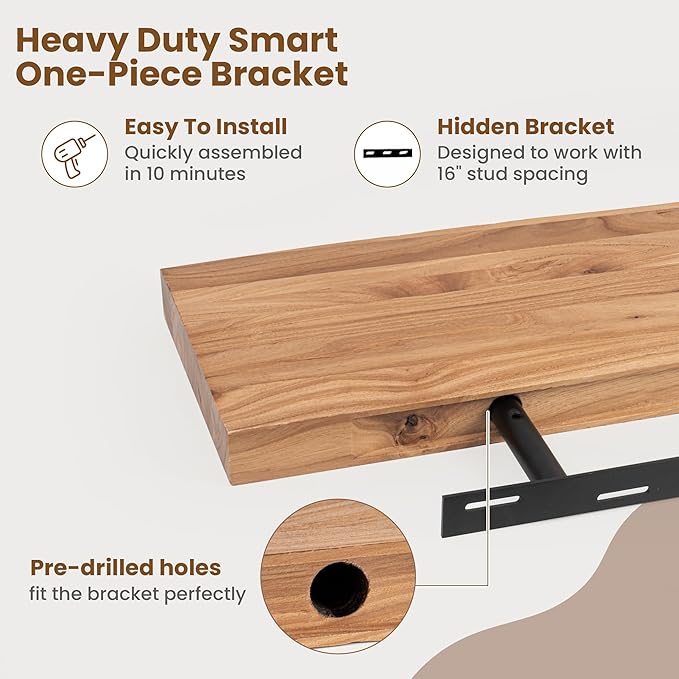 Floating Shelves for Wall Decor, Rustic Solid Elm Wood Live Edge Floating Shelves Wall Mounted, Wall Shelves with Invisible Bracket for Living Room Bathroom Bedroom Kitchen, 55 Inch, Natural