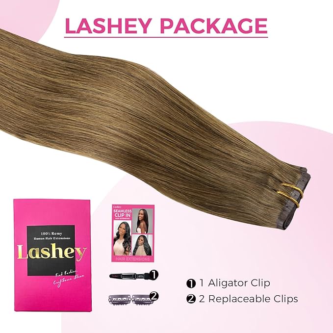Lashey Clip in Hair Extensions Real Human Hair, 4pcs 50g Medium Brown Human Hair Extensions 22 Inch Straight Hair Extension Clips for Black Women