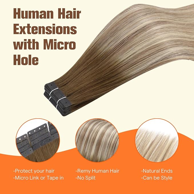Full Shine Tape in Hair Extensions Human Hair Color 3 Dark Brown to 8 Ash Brown and 22 Blonde Invisible PU Hair Extensions 18Inch 50G 20PCS Glueless Invisible Tape in Extensions Seamless