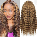 Highlight Ombre 13x6 Lace Front Wig Human Hair Deep Wave Honey Blonde Glueless HD Transparent Lace Frontal Wigs for Women 180 Density Human Hair (highlight ombre deep wave, 24 inch)