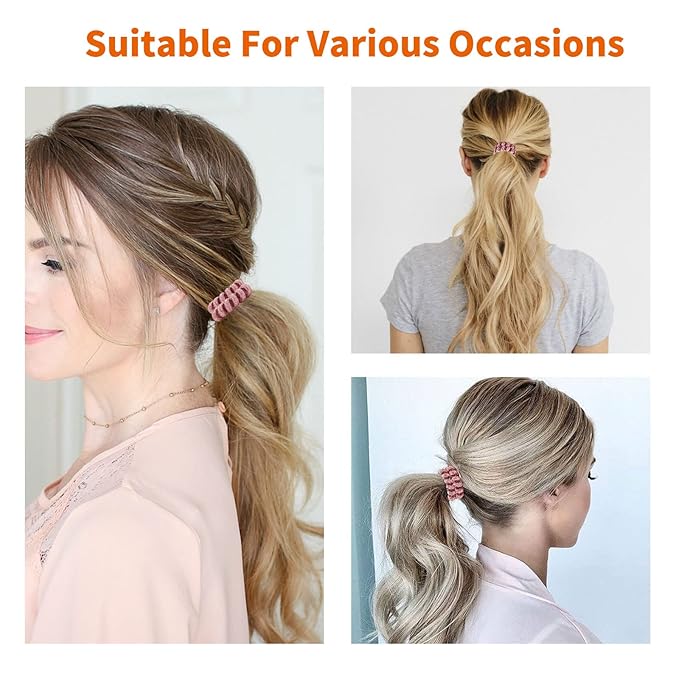Spiral Glitter Pink Hair Ties for Women (12 Pcs) - Plastic Coil Ponytail Holders, No Crease Phone Cord Hair Ties for All Types