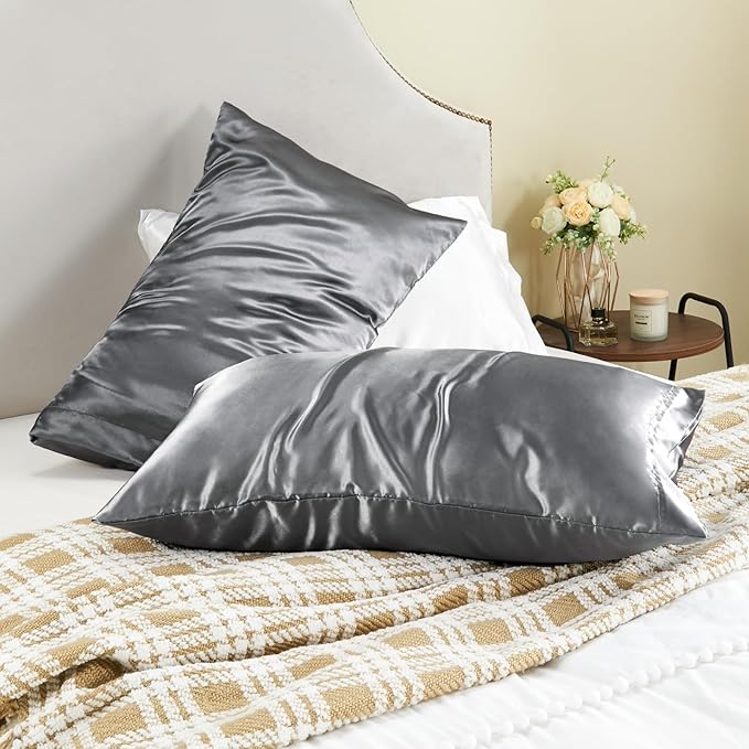 BEDELITE Satin Pillowcase for Hair and Skin, Super Soft and Cooling Similar to Silk Pillow Cases 2 Pack with Envelope Closure, Gift for Women Men(20"x36" King Size, Dark Grey)