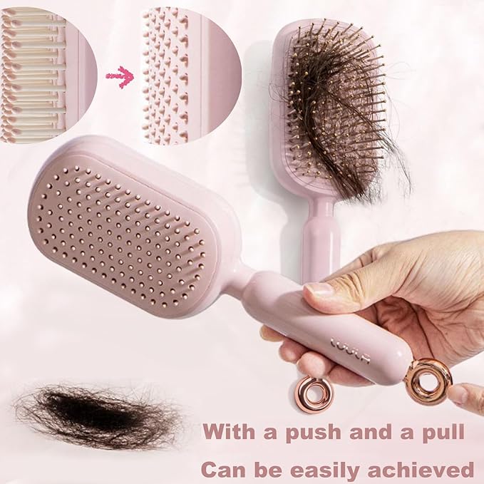Retractable Cushion Massage Comb for Wet & Dry Hair, Anti-Static Self Cleaning Hair Brush for All Hair Types, Soft Bristles, Easy Eliminates Knots, Detangling Hairbrush for Women Men (Pink)