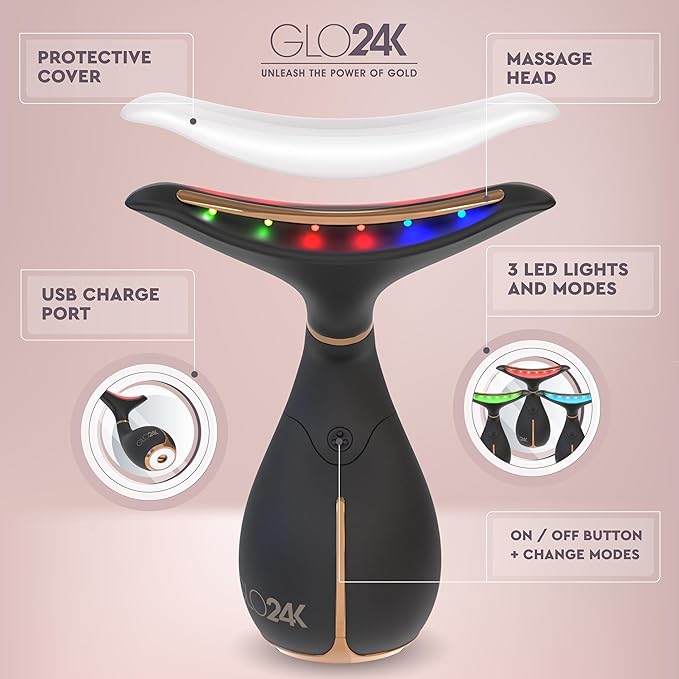 GLO24K Red Light for Face & Neck Beauty Device - 3 in 1 Facial Massager Tool and Neck Care Device for Neckline Care, Face and Neck Massager for Women