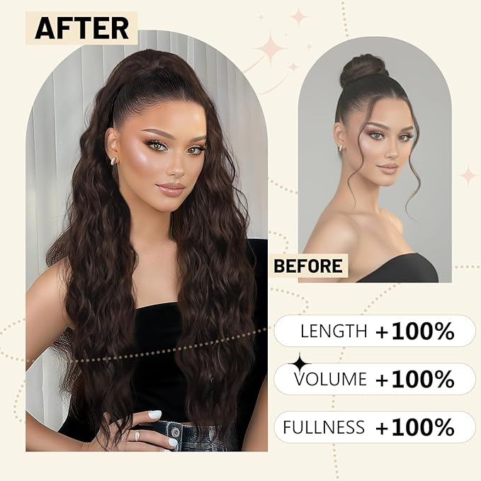 LEEONS 26 inch Drawstring ponytail Extension, Long Wavy pony tails hair extensions for Women - Synthetic Hairpiece Ponytail for Daily Use (Black Brown)