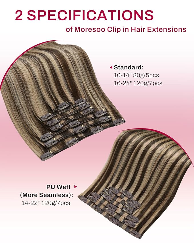 Moresoo Clip in Hair Extensions Human Hair Dark Brown Highlight Double Weft Human Hair Clip in Extensions Dark Brown with Caramel Blonde 7pcs 120g 22Inch