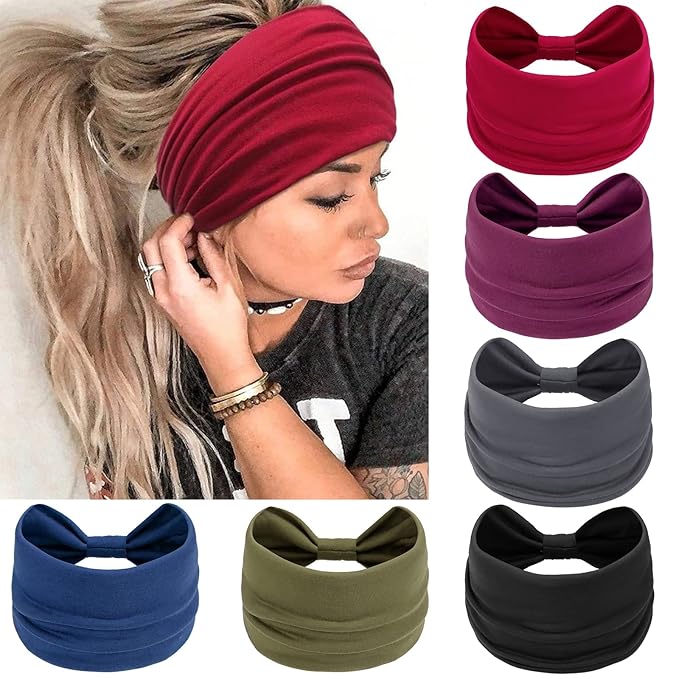 Wide Headbands for Women Knotted No Slip Head Bands Soft Turban Headband Hair Accessories Boho African Solid Color Head Wraps for Women Yoga Workout Pack of 6 (Fashion)
