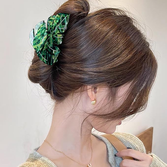 Hair Claw Clip Green Leaf Shape 3.5 Inch Hair Grip Clip French Design Women Girls Spring Hair Accessories Strong Hold for Thick Thin Hair