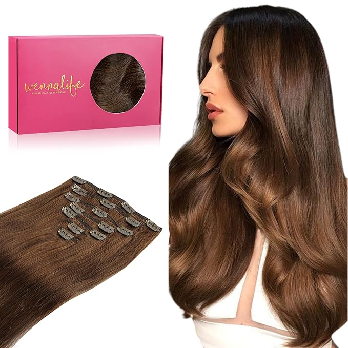 WENNALIFE Clip in Hair Extensions Real Human Hair, 14 Inch 110g 7pcs Remy Hair, Chocolate Brown Straight Natural Extensiones De Cabello Humano Con Clip Ins