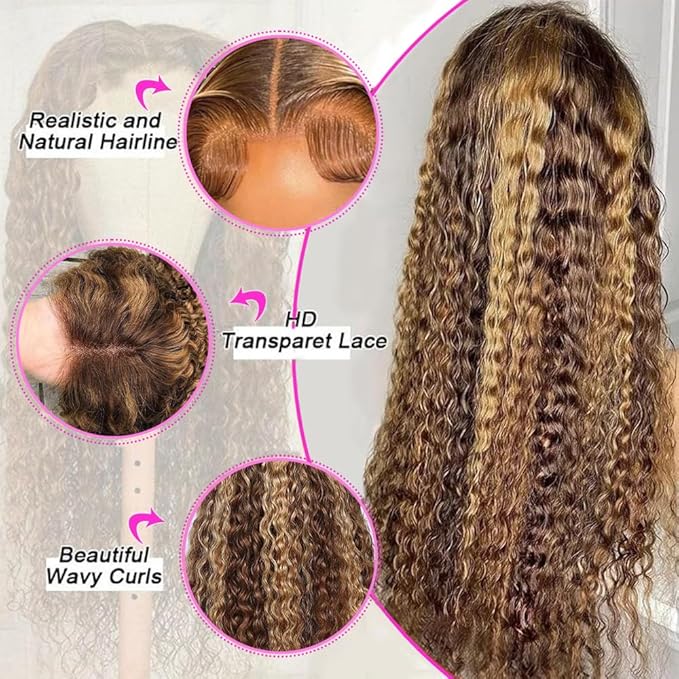 abbildung 26inch Highlight Ombre Lace Front Wig Human Hair 13x6 HD Honey Blonde 4/27 Deep Wave Lace Frontal Wigs Glueless Wigs Human Hair