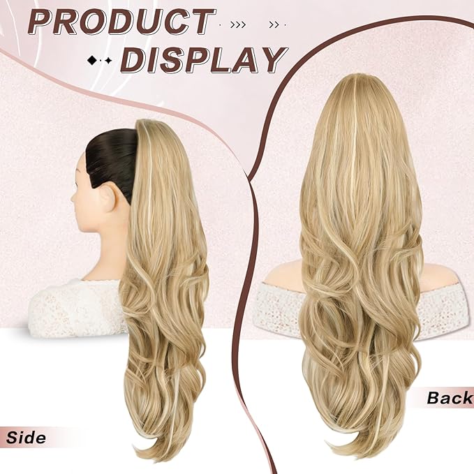 Blonde Ponytail Extension, Drawstring Ponytail Extension for Women 26 Inch Long Wavy Highlights Pony Tails Hair Extensions Synthetic Clip in Ponytail Hairpiece for Women(H24/88)
