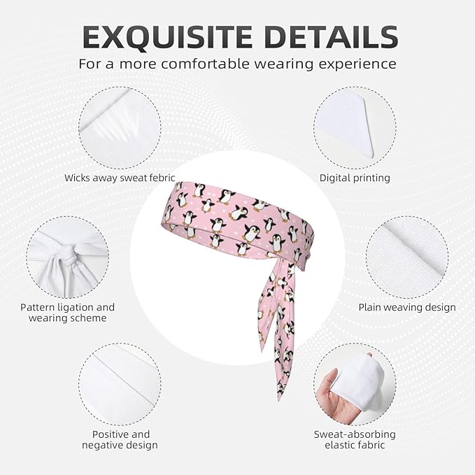 Men's Women Novelty Sports Sweat Bands Hair Decor for Sports Workout Spa, Long Boho Style Cute Cartoon Penguin And Heart Pink Head Band Headdress