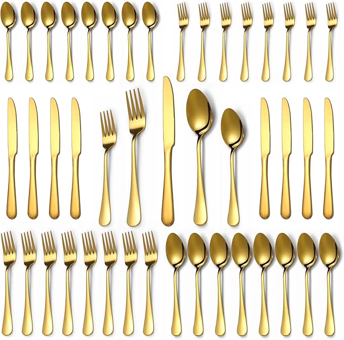 Lazycorner 40 Pcs Gold Silverware Set for 8, Food Grade Stainless Steel Flatware Set Include Fork/Knife/Spoon, Mirror Polished Eating Utensils Sets, Reusable Silverwear Cutlery Set, Dishwasher Safe