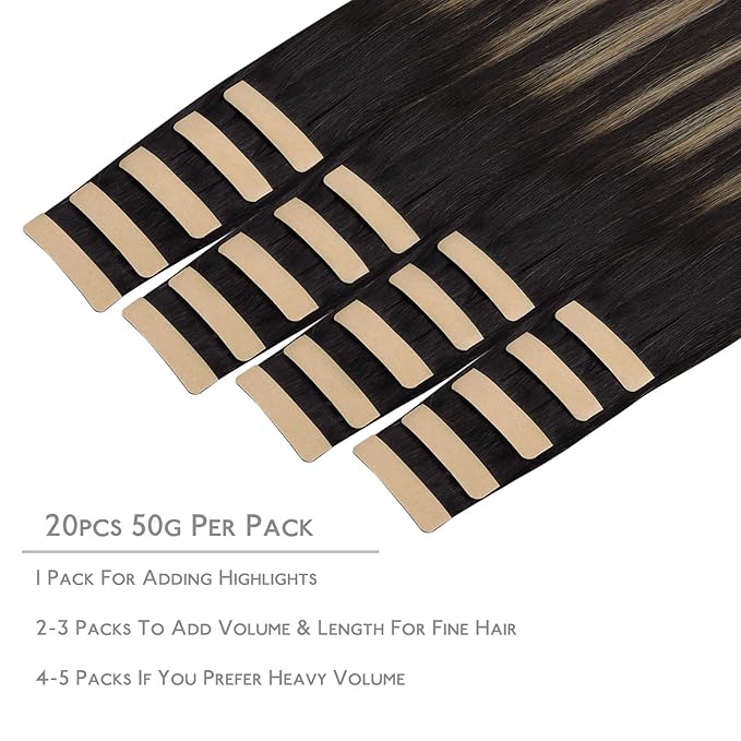 WENNALIFE Tape in Hair Extensions Human Hair, 20pcs 50g 22 inch Natural Black to Light Blonde Remy Hair Extensions Straight Human Hair Tape in Extensions Skin Weft Tape Extensions Human Hair