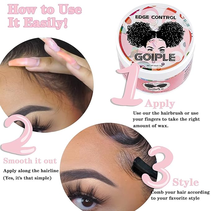 Goiple Edge Control Wax for Women Strong Hold Non-greasy Edge Smoother Strawberry Scent (4oz Edge Control Wax + Edge Brushes*2 + Pink Elastic Bands*2)
