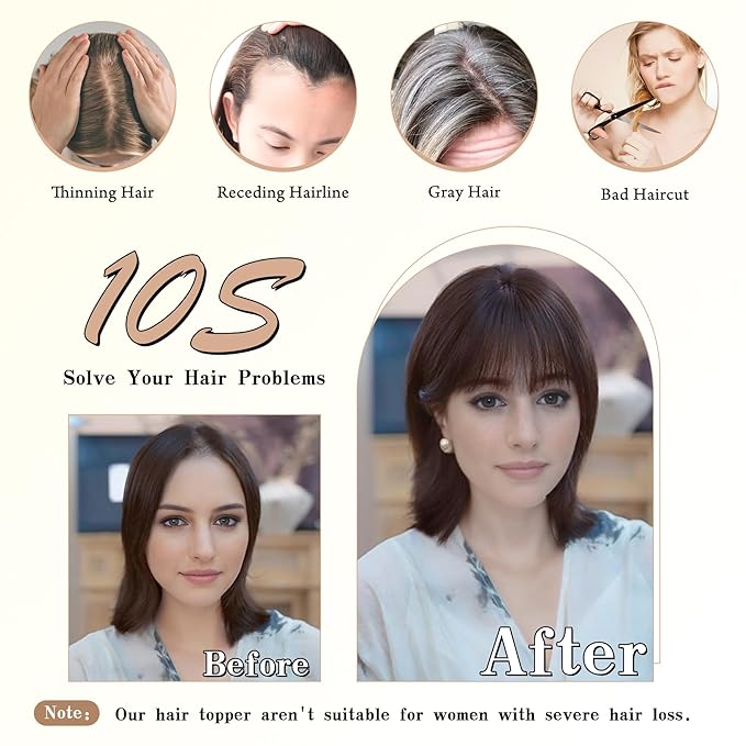 Hair Toppers for Women Clip in Bangs Real Human Hair,30g Dark Brown Topper for Women 150% Density Silk Base Clip in Pieces Straight Hair
