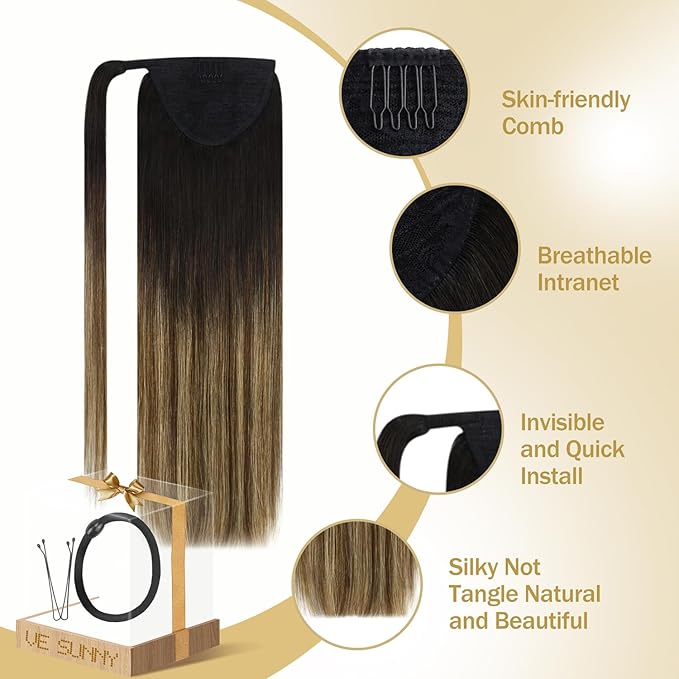 Ve Sunny Hair Extensions Ponytail Real Human Hair Wrap Around Clip in Ponytail Hair Extensions Straight Extensions Human Hair for Women Black Ombre Dark Brown Balayage Caramel Blonde 16inch 80G