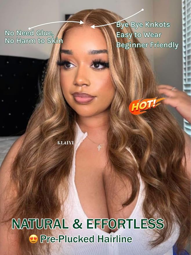 KLAIYI Wear And Go Glueless Wig Bye Bye Knots 13x4 Precut Lace Front Wigs Human Hair Ombre Highlight Blonde Body Wave Wig Pre Bleached Pre Everything Pre Plucked with Baby Hair 3S Ready to Wear 16Inch