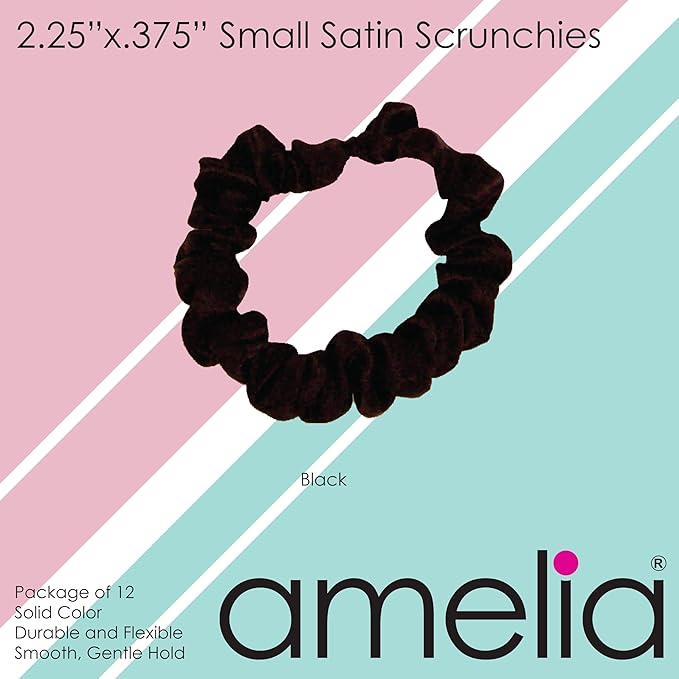Amelia Beauty, Black Satin Small Scrunchies, 12-Pack – No Damage Hair Ties for Women, Gentle & Durable Hair Accessories, 2.5in x 0.5in