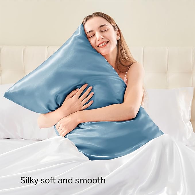 BEDELITE Satin Pillowcase with Zipper 2 Pack, Airy Blue Pillow Cases Standard Size, Super Soft and Cooling Similar to Silk Pillow Cases, Gift for Women Men(20x26 Inches)