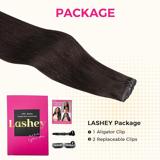 Lashey Seamless Clip in Hair Extensions Human Hair #2 Dark Brown Light Yaki Straight Clip in Extensions Real Human Hair 7pcs 110g 14 Inch PU Weft Natural Hair Extensions for Women