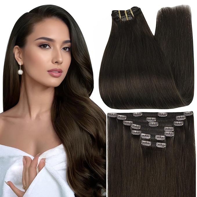 Full Shine Clip in Hair Extensions Human Hair Clip in Extensions Triple Weft Brazilian Hair Clip ins Dark Brown Hair Extensions Real Human Hair Clip ins Full Head 7 Pcs 18 Inch 120 G