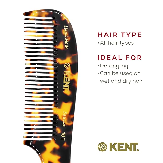 Kent 10T TY Large Detangler Comb, Handmade Wide Tooth Comb for Curly Thick Hair, Detangling Combs For Wet and Dry Hair, Saw-Cut and Hand Polished Made in England