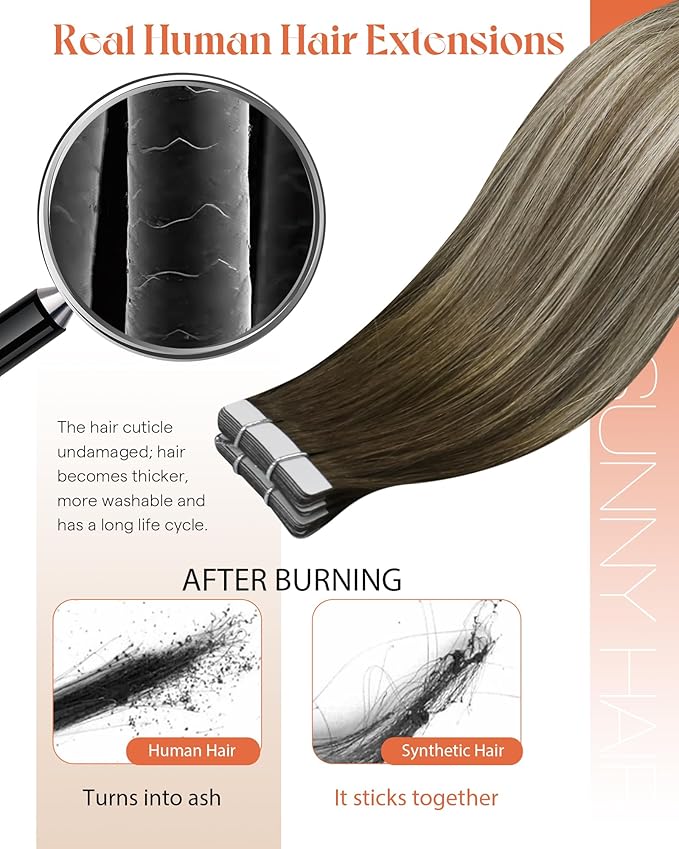 Sunny Hair Tape in Hair Extensions Human Hair 22 Inch Hair Extensions Real Human Hair Tape in Extensions for Women Cool Brown to Light Brown Balayage Blonde Invisible Remy Hair Skin Weft 20Pcs 50g