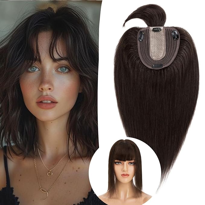 Rich Choices Real Human Hair Toppers for Women With Bang 100% Remy Human Hair Topper for Thinning Hair Clip in Silk Base Hair Topper 14 Inch #2 Dark Brown