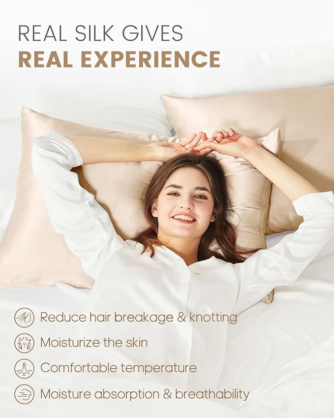 THXSILK 100% Mulberry Silk Pillowcase for Hair and Skin Health, Soft and Smooth Pillowcase with Hidden Zipper, Both Sides Premium Grade 6A+ Silk, 1pc (Standard 20"x26", Beige)