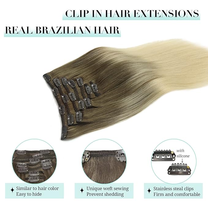 DOORES Human Hair Extensions Clip in, Ash Brown to Platinum Blonde 14 Inch 100g 7pcs, Real Clip in Extensions Straight Natural Hair