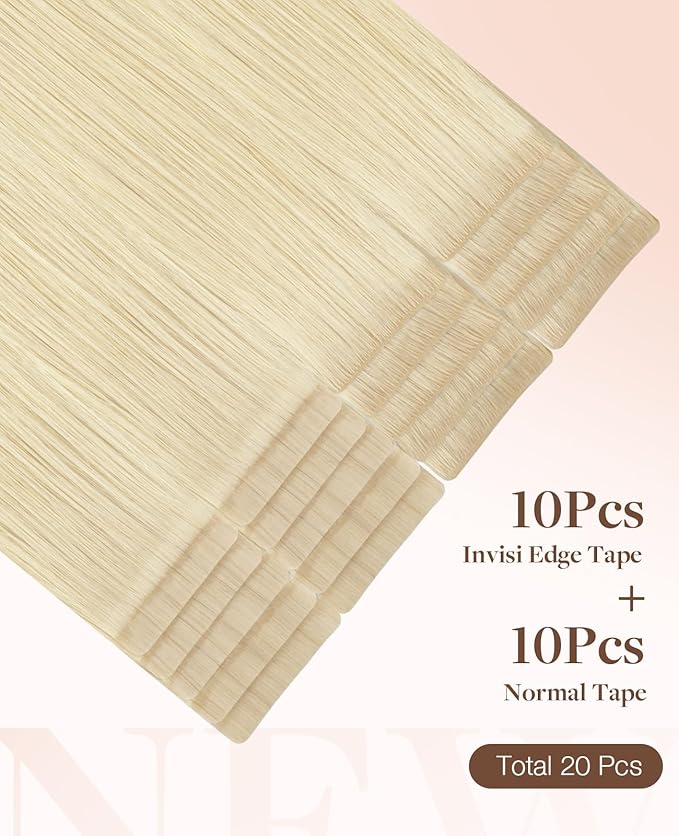 GOO GOO Invisi Edge Tape in Hair Extensions Human Hair, 613R Bleach Blonde 10pcs injected with 10pcs classical tape ins, 14inch 50g, Virgin Remy Hair, Natural Look