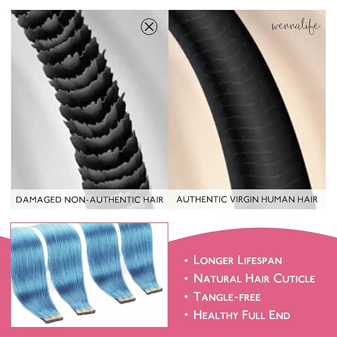 WENNALIFE Tape in Hair Extensions Human Hair SkyBlue Tape in Extensions, 10pcs 25g 14 inch Remy Invisible Tape Ins Straight Colored Soft Real Human Hair Tape in Extensions Refill Set Extensions